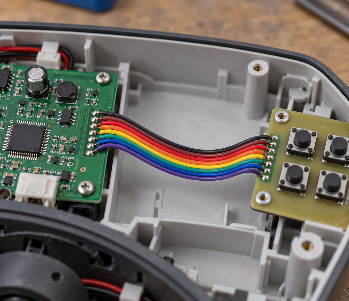 Color-coded ribbon cable inside an appliance, between the control board and the button board