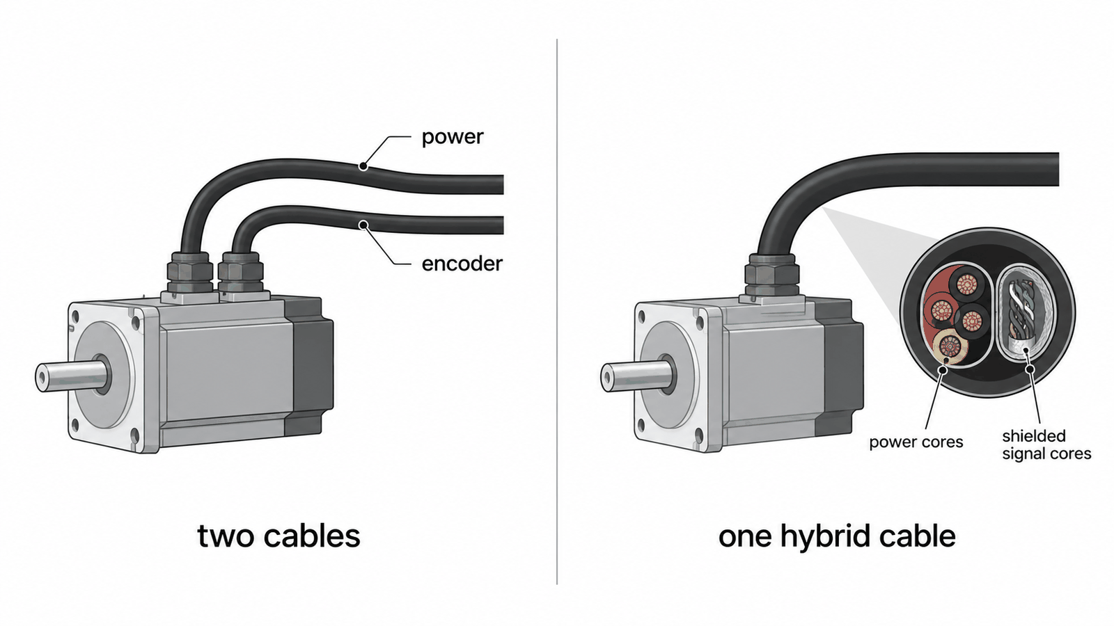Separate power and encoder cables versus one hybrid cable on a servo axis