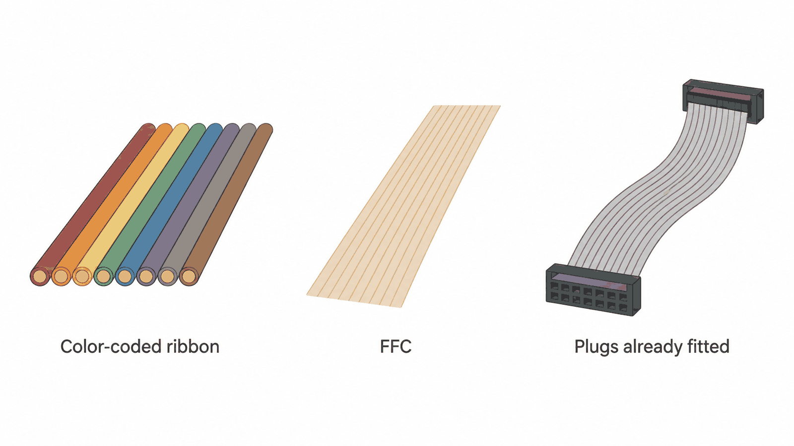 Eight color-coded round conductors side by side, versus a flat flexible circuit, versus a gray ribbon with plugs